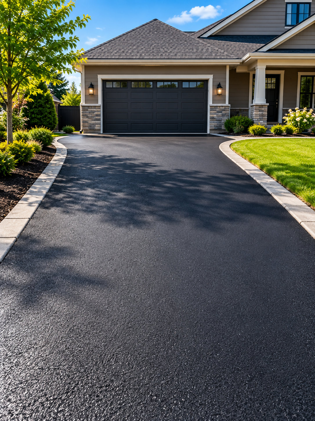 Fresh Asphalt Driveway and Modern Home