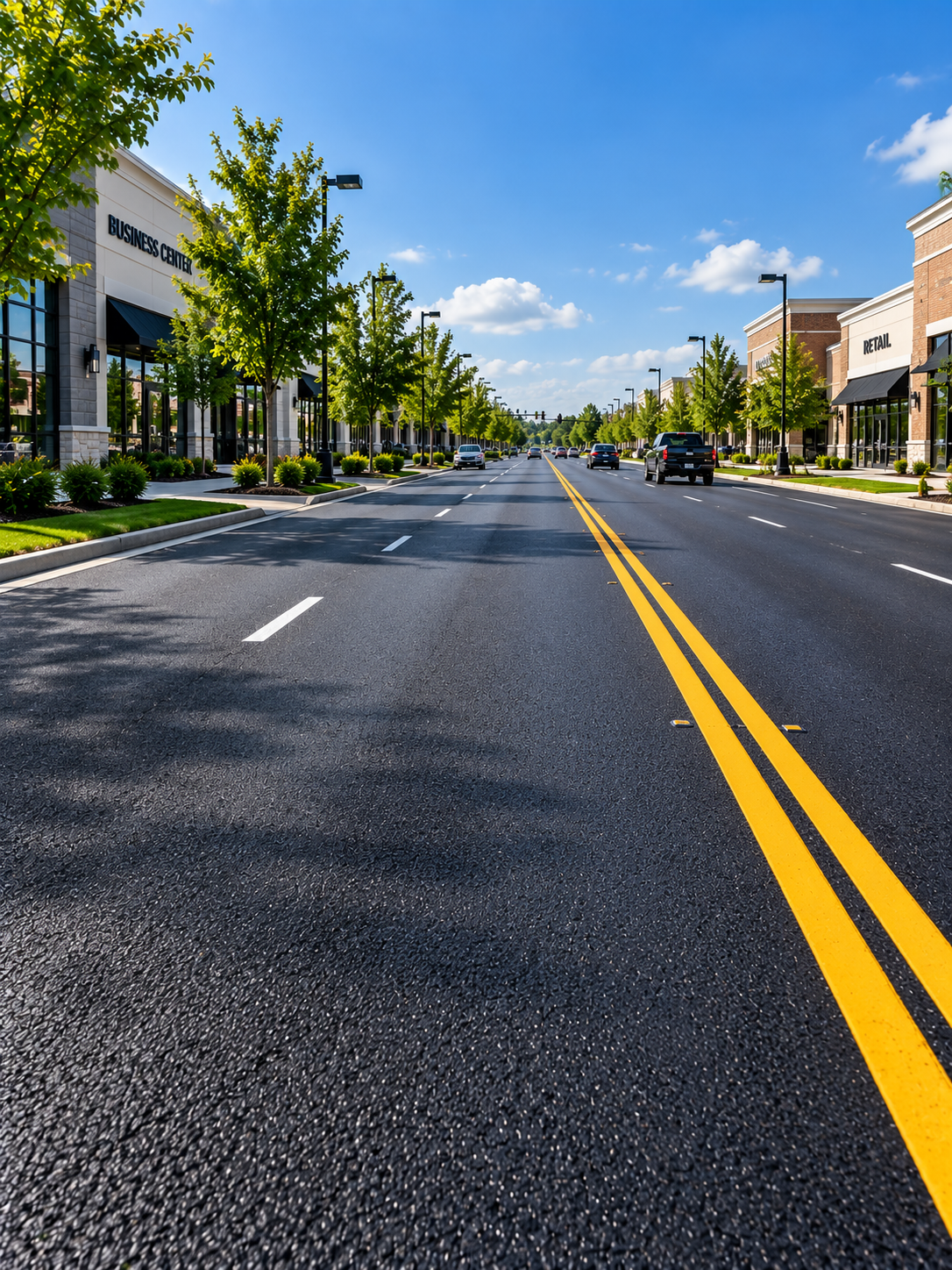 Modern Commercial Boulevard with Business Center and Retail Stores Sunset Asphalt Paving Crew